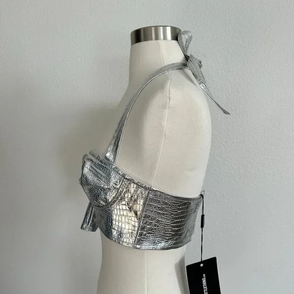 Pretty Little Things Bralette Silver Metallic Croc Halter Bustier NWT - Picture 2 of 12